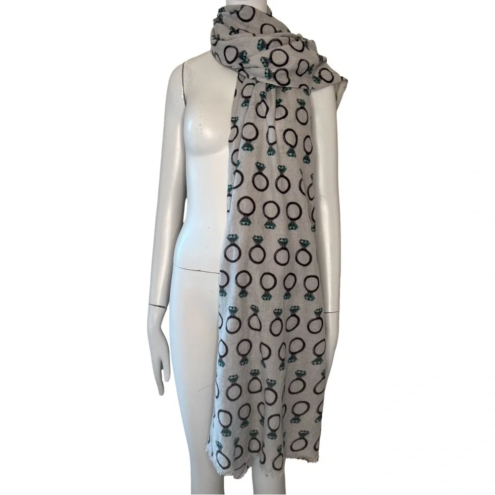YARNZ Diamond Ring Pattern Cashmere Wool Oversized Scarf Wrap Grey Teal Brown